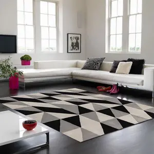 Grey Luxurious Modern Wool Chequered Geometric Handmade Rug For Living Room Bedroom & Dining Room-200cm X 290cm