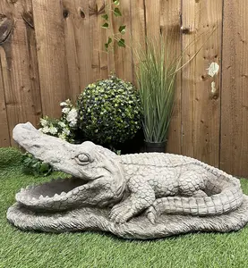 Large Stone Cast Crocodile Ornament with Mouth Open