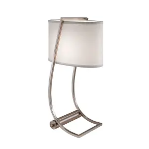 Table Lamp USB Port in Base White Cotton Fabric Shade Brushed Steel LED E27 60W