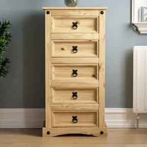 Vida Designs Corona 5 Drawer Narrow Chest Mexican Solid Waxed Pine (H)950mm (W)480mm (D)350mm