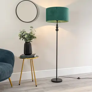 ValueLights Marissa Matt Black Stacked Ball Floor Lamp with Forest Green Velvet Shade