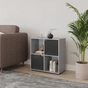 URBNLIVING 61cm Height Grey Wooden Cube Bookcase with Black Line Door Display Shelf Storage Shelving Cupboard