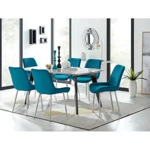 Anders Modern High Gloss Marble Effect Dining Table Set with 6 Luxury Velvet Dining Chairs Blue/Silver