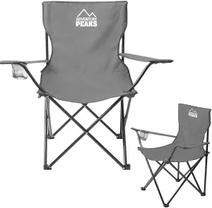 Set of 2 GREY Folding Camping Chair With Armrest, Drink Holder & Carry Bag