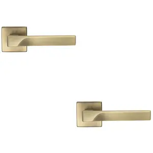 2 PACK - Premium Contoured Door Handle Set - Antique Brass Sleek Lever on Square Rose