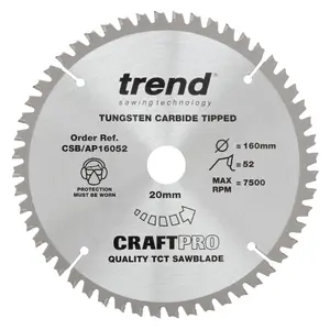 Trend CSB/AP16052 Craft Saw Blade Aluminium Plastic 160mm X 52 Teeth X 20mm Bore