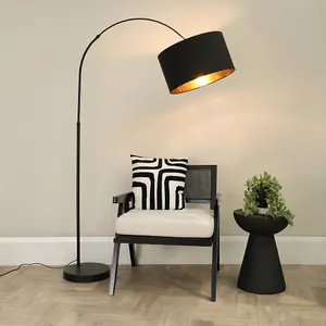 ValueLights Louis Black Arched Curved Floor Lamp with Black and Gold Inner Shade & LED Bulb