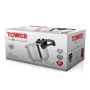 Tower T80244 Pressure Cooker with Steamer Basket, Stainless Steel, 6 Litre , Silver 6 L