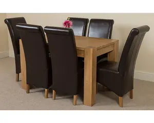 Kuba 125 x 80 cm Chunky Oak Small Dining Table and 6 Chairs Dining Set with Montana Brown Leather Chairs