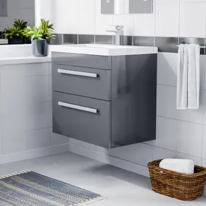 Nes Home Nanuya 600mm Steel Grey Wall Hung 2 Drawer Vanity Cabinet & Basin