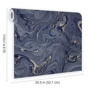 Fresco Liquid Marble Navy & Gold Wallpaper