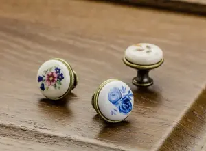 Multi coloured ceramic knobs drawer pull cupboard door knobs porcelain china Rose Brass