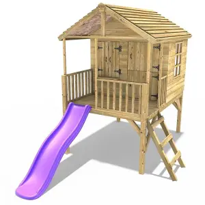 Rebo 5FT x 5FT Childrens Wooden Garden Playhouse on Deck with 6ft Slide - Falcon Purple