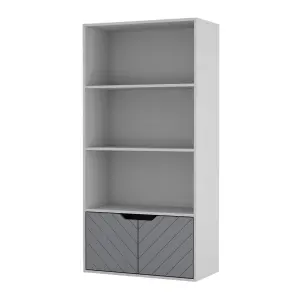 URBNLIVING 4 Tier White Wooden Bookcase Cupboard with 2 Grey Line Doors Storage Shelving Display Cabinet