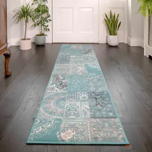 Aqua Blue Grey Traditional Patchwork Living Room Runner Rug 60x240cm