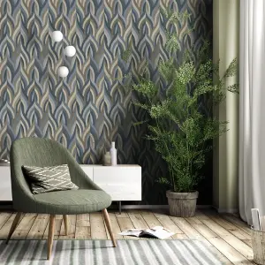 Holden Arabesque Leaves Geometric Leaf Stripe Vinyl Texture Blue Wallpaper