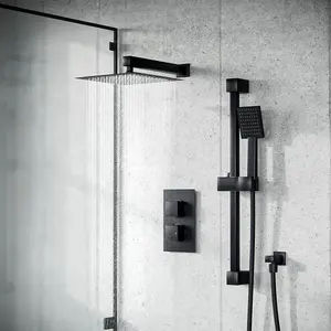 Nes Home Matte Black Voilet 2 Dial Thermostatic Mixer Outlet Square Shower Rail & Handset