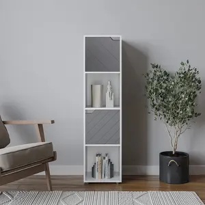 URBNLIVING 119cm Height White Wooden Cube Bookcase with Grey Line Door Display Shelf Storage Shelving Cupboard