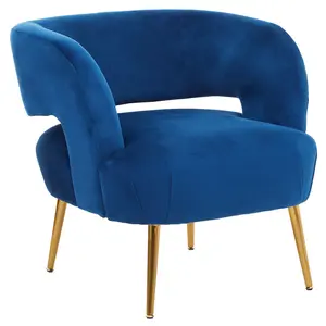 Interiors by Premier Blue Velvet Chair with Gold Finish Metal Legs, Backrest Dining Chair, Easy to Clean Armchair