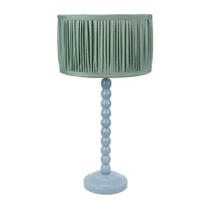 ValueLights Bobbins Powder Blue Table Lamp with Ruched Pleated Green Drum Lamp Shade and LED Bulb