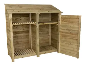 Wooden tool and log store, garden storage with shelf W-187cm, H-180cm, D-88cm - natural (light green) finish