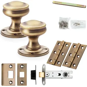 Mortice Door Knob & Latch Pack - Antique Brass - 50mm Smooth Georgian On Round Rose