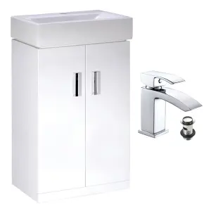 450mm Gloss White 2 Door Floorstanding Vanity Basin Sink Unit & Chrome Lucia Waterfal Tap & Waste