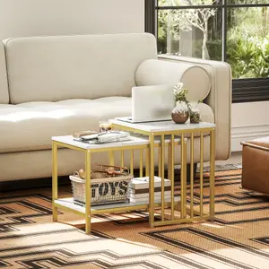 HOMCOM Modern Coffee Table Set of Two w/ Steel Frame Marble-Effect Gold Tone