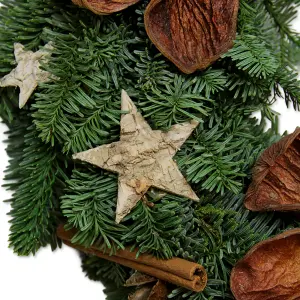 Real Christmas Wreath with Wooden Stars and Dried Flowers - 30cm/12" - Noble Fir Wreath For Indoor/Outdoor Christmas Decoration