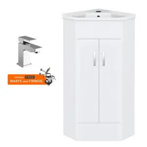 Bubly Bathrooms™ Two Door Corner Vanity Unit & Basin Sink - 555mm - Gloss White with Chrome Tap