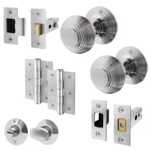 AFIT Beehive Door Knob Set Satin Chrome - 1 Pair of Reeded Knobs 55mm, Latch & Deadbolt Kit 76mm, Hinges 76mm & Turn & Release