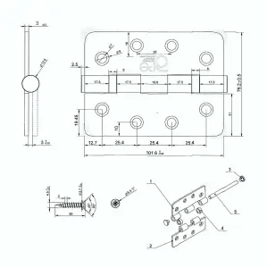 EAI - 4" Door Hinges & Screws G11 FD30/60  - 102x76x2.7mm Radius Corners - Polished Chrome