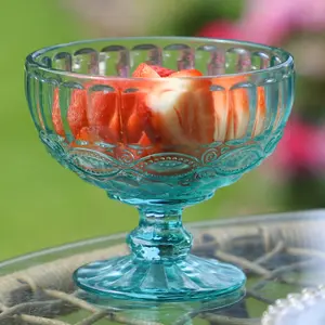 Set of 2 Vintage Turquoise Blue Glass Trifle Bowl and Dessert Bowls