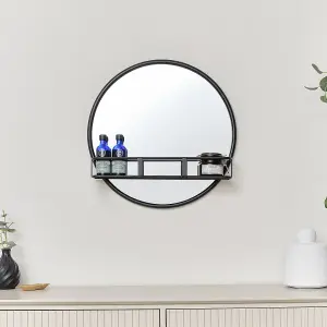 Melody Maison Round Matte Black Mirror With Shelf - 50cm x 50cm