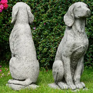 Pair of Large Hound Stone Statues Dog Animal Pointer Antique Garden Ornament British Made Sculpture