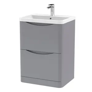 Floor Standing 2 Drawer Vanity Basin Unit with Polymarble Basin, 600mm - Satin Grey