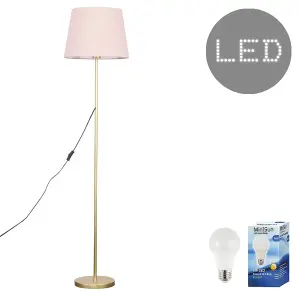 ValueLights Modern Standard Floor Lamp In Gold Metal Finish With Pink Tapered Shade - Includes 6w LED GLS Bulb 3000K Warm White