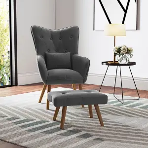 Dark Grey Linen Upholstered Wing Back Armchair Lounge Chair with Footstool and Lumbar Pillow