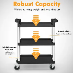 COSTWAY 3-Tire Metal Rolling Cart 150KG Capacity Tool Trolley with Lockable Universal Wheels