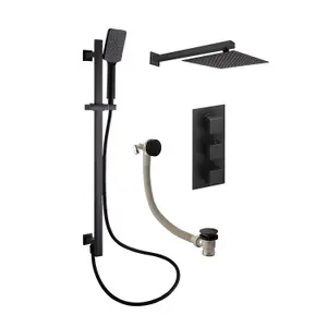 Zoia Black Triple Outlet Thermostatic Valve with Square Controls & Slide Rail Kit, Bath Filler, Showerhead & Arm