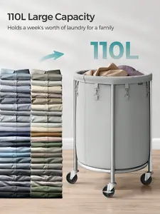 SONGMICS Laundry Basket On Wheels, Laundry Trolley 110L, Round Laundry Hamper With Steel Frame And Removable Bag, Grey And Silver