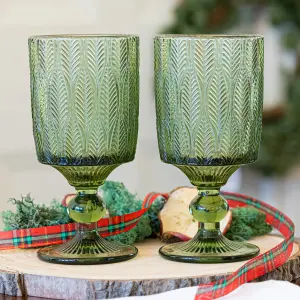 Set of 2 Vintage Luxury Green Trailing Leaf Drinking Goblet Glasses 350ml