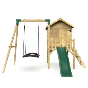 Rebo Orchard 4ft x 4ft Wooden Playhouse with Boat Swing, 900mm Deck and 6ft Slide - Boat Green