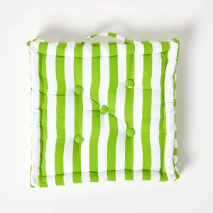 Homescapes Cotton Green Thick Stripe Floor Cushion, 50 x 50 cm