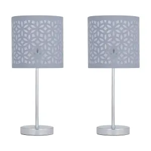 First Choice Lighting Set of 2 Chrome Stick Table Lamps with Grey Laser Cut Shades