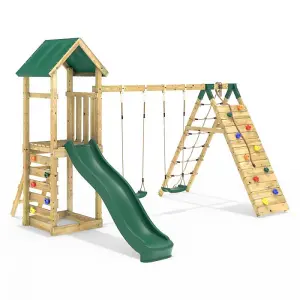 Rebo Challenge Wooden Climbing Frame with Swings, Slide and Up & over Climbing wall - Greenhorn