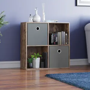 Vida Designs Durham Dark Wood 2x2 Cube Storage Unit & Set of 2 Grey Foldable Cube Storage Baskets