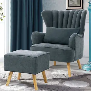 Grey Faux Wool Upholstered Wing Back Occasional Armchair Sofa Chair With Footstool