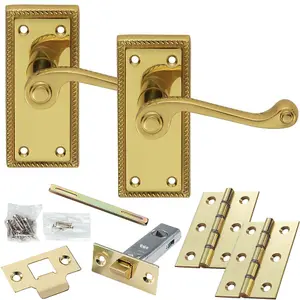 Door Handle & Latch Pack - Polished Brass - Georgian Scroll Lever On Backplate