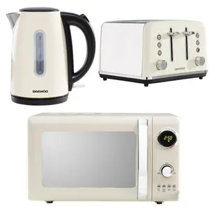 Daewoo Kensington Cream Retro Matching Kettle Toaster and Microwave Set 3000W Jug, 4 Slice & Crumb Tray, 800W 2L & 12 Presets